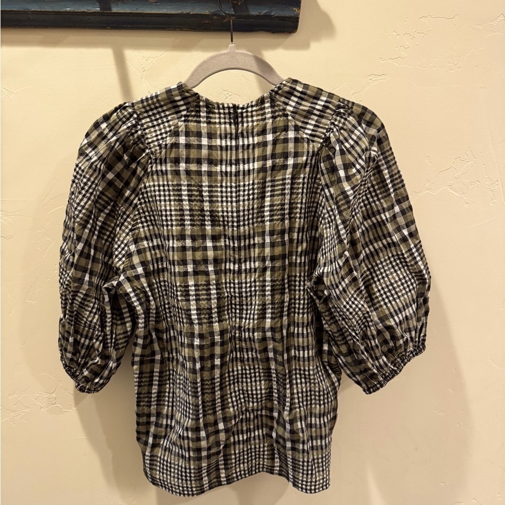 Ganni Puff Sleeve Top - Black, White, and Olive Green Plaid.